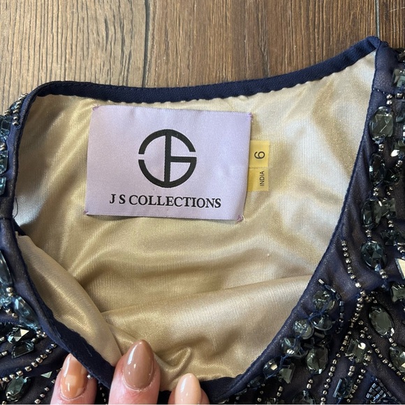 JS Collections Formal Beaded Chiffon Navy Blue Maxi Dress SZ 6 - Picture 4 of 5